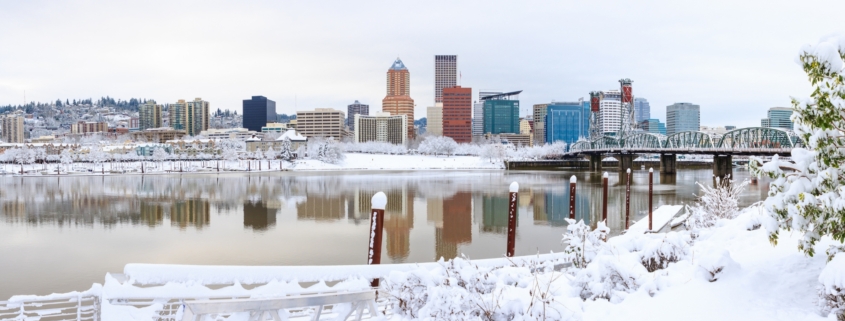 Snow landscape with view of Portland, Oregon.