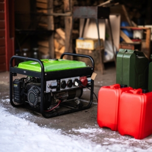 Black generator in a home's garage with snow on the driveway.