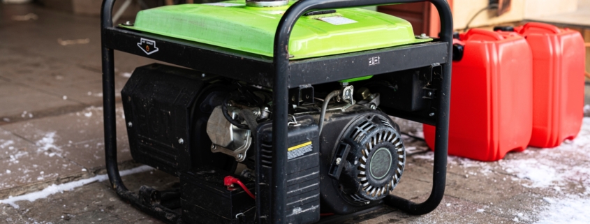 Generator in the snow near a garage.