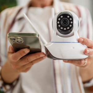 Person programming their security system with a smartphone.