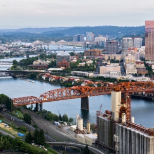 Downtown Portland, Oregon with view of bridge and river.