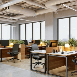 Interior of a contemporary office space with large windows, modern desks, and soft lighting.