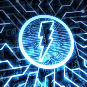 Blue neon graphic with white lightening bolt.
