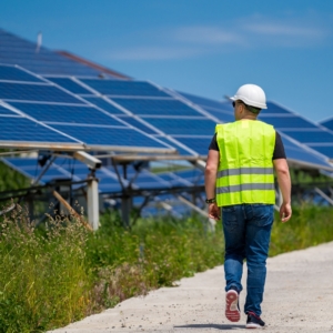 An electrician walks down a sidewalk across from a building with solar panels.
