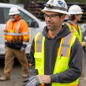 Electrician in yellow safety vest, hard hat, and safety googles on a job site.