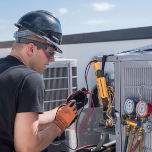 HVAC technician performing a maintenance check.