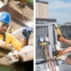 Electrical workers in safety gear in industrial and commercial spaces.
