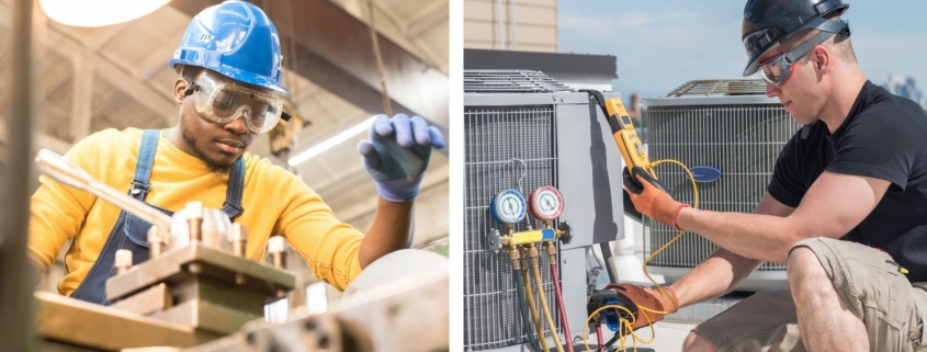 Electrical workers in safety gear in industrial and commercial spaces.