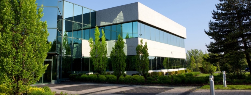 White, modern office building with wraparound windows near a stone-paved walkway, and green trees and bushes, with blue sky above.