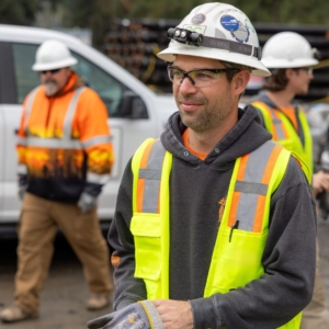 Three electricians in a parking lot next to a white pickup truck.