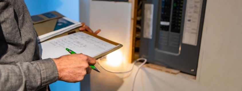 Residential electrician with clipboard tests a home electrical panel.
