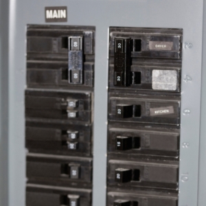 Residential electrical panel and circuit breakers.