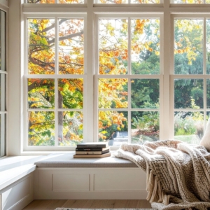Interior of a home with large windows showing trees with fall foliage outside, featuring a cozy sitting area with blankets and books.