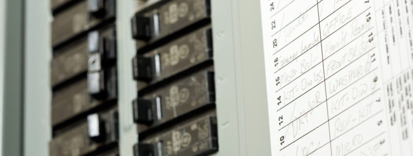 Home electrical panel with switches and circuit breakers.