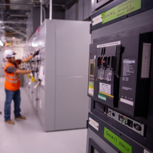 Industrial electrical contractor tests equipment in a factory.