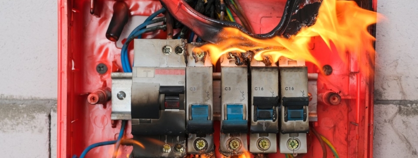 Red electrical panel on fire.