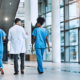 Three doctors walking down a hospital corridor with large windows.