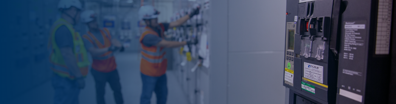 Three electricians in hard hats and high-visibility vests inspecting a row of electrical panels and switchgear in an industrial facility, with a circuit breaker in the foreground.