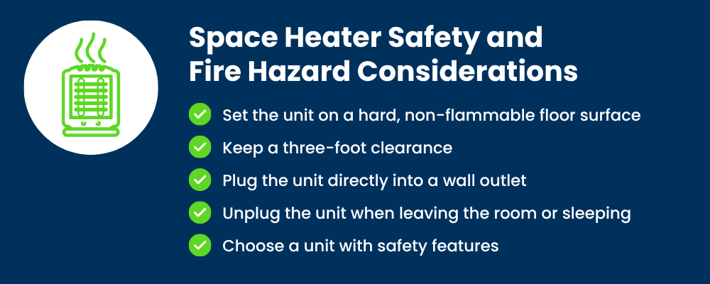 Infographic titled Space Heater Safety and Fire Hazard Considerations that recaps the tips from earlier in the article.